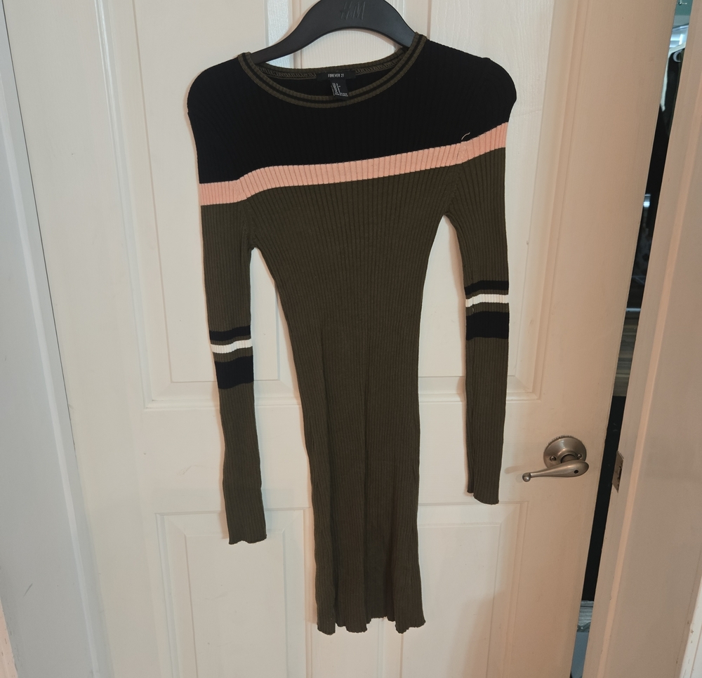 Forever 21 Olive, Black & Pink Ribbed Long-Sleeve Dress
